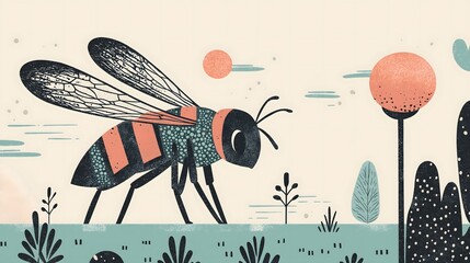 Colorful Illustration of a Bee in a Surreal Nature Background