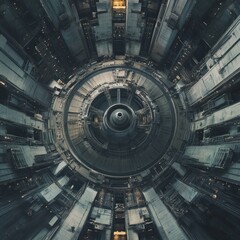 Obraz premium A futuristic circular structure with intricate machinery and industrial design elements.