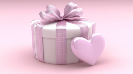 Obraz premium A pink gift box with a bow and a heart-shaped decoration, symbolizing love and celebration.