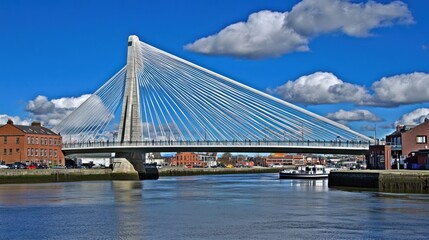 Fototapeta premium A modern cable-stayed bridge spans a river under a clear blue sky with fluffy clouds.