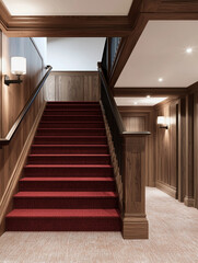 Luxurious wooden staircase with red carpet in contemporary interior