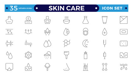 Skin care Outline icons set. Moisture cream, acid, anti wrinkle serum, ceramide, collagen, retinol compound, sunscreen, such as aloevera, oil, nature, sun protect, dry. Editable stroke outline icon.