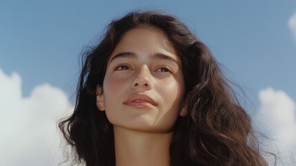 Portrait of a woman with long hair looking up at a clear blue sky and fluffy white clouds, reflecting serenity.
