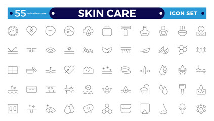 Skin care Outline icons set. Moisture cream, acid, anti wrinkle serum, ceramide, collagen, retinol compound, sunscreen, such as aloevera, oil, nature, sun protect, dry. Editable stroke outline icon.