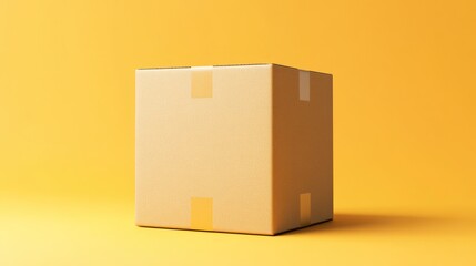 Obraz premium A plain cardboard box on a vibrant yellow background, suggesting packaging or shipping.