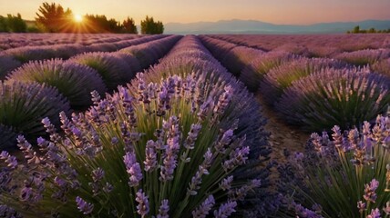 Obraz premium Lavender flower field, Blooming Violet fragrant lavender flowers. Growing Lavender swaying on wind over sunset sky, harvest, perfume ingredient, aromatherapy. Lavender field, Perfume ingredient