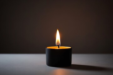 there is a lit candle sitting on a table in the dark