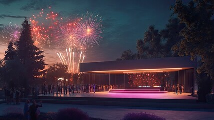 Obraz premium Close-up view of a New Year's Eve countdown clock in an elegant party venue, with guests raising their glasses and fireworks bursting in the background, creating a celebratory atmosphere.