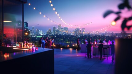 Stylish rooftop gathering overlooking the city skyline, where guests dance beneath colorful lights in a lively atmosphere filled with laughter.