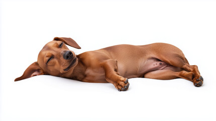 Sleepy Dachshund Dreams: A close-up shot of a brown dachshund, its eyes closed in peaceful slumber. The dog's relaxed posture evokes a sense of tranquility and contentment.