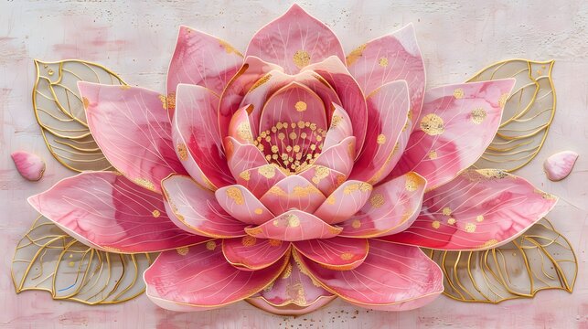 Pink lotus flower with gold accents, 3D relief design.