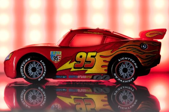 Madrid, Spain; 06-26-2023: Toy car named Lightning McQueen from the famous Pixar Cars franchise