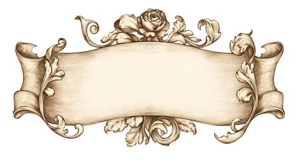 Ornate Rolled Banner with Floral Design and Scrolls