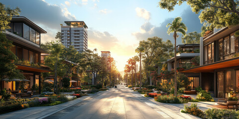 Obraz premium Design a luxurious, nature-integrated residential condominium. a urban street with commercial buildings at the base and residential units above, along with vibrant community sports and leisure areas.