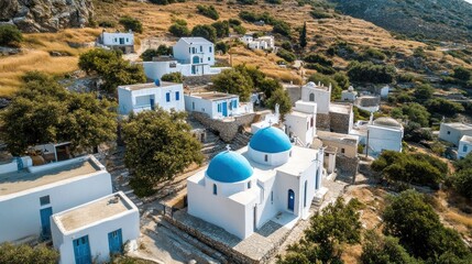 Obraz premium Aerial View of a Picturesque Greek Island Village with Blue-Domed Churches