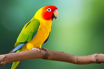 Obraz premium Isolated White Fischeri Lovebird Parrot on Tropical Background - Yellow, Green and Red Colors Depicting Love