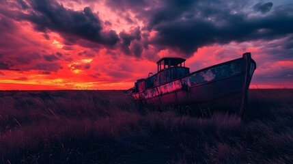 Fototapeta premium Abandoned boat sunset scene coastal landscape photographic art dramatic skies serene environment