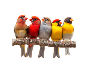 Fototapeta premium Beautiful Group of finches playing together on a tree branch, isolated on white background