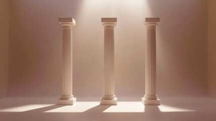 Three classical columns illuminated in a soft, warm light, creating a serene atmosphere.