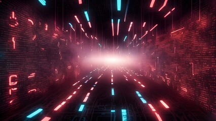 Fototapeta premium A futuristic corridor with glowing lines and digital patterns, evoking a sci-fi atmosphere.
