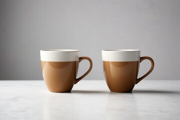 two coffee cups sitting on a table with a white background