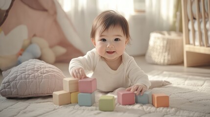 Fototapeta premium Cute Baby Playing with Colorful Wooden Blocks to Learn Creativity