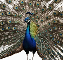 Naklejka premium A striking peacock spreading its fully open tail, showcasing its vibrant colors, on a white background.