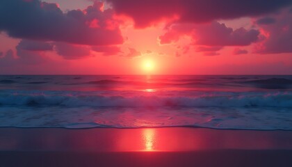Obraz premium Fiery Sunset over the Ocean: A Serene Coastal Panorama