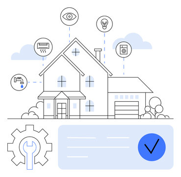 recommend clip art: Modern house with connected devices thermostat, camera, light bulb, security system, and faucet. Ideal for home automation, security, energy efficiency, convenience remote monitoring smart living