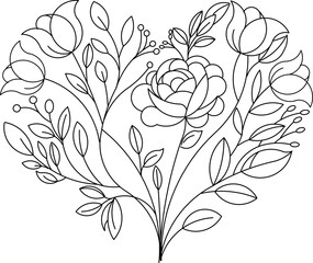 Elegant floral heart design featuring hand-drawn flowers and leaves in black-and-white line art. Ideal for Valentine's Day, weddings, romantic themes, greeting cards, and decorative projects.