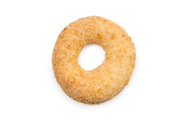 Sweet round cookies with a hole on a white background. One cookie close-up.