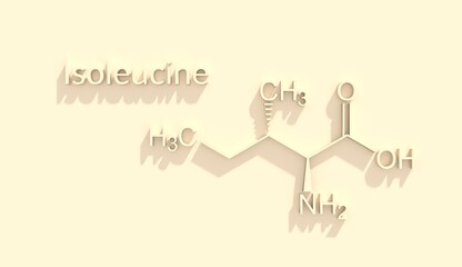 Isoleucine chemical formula. Isoleucine amino acid molecular bond structure. Medicine and biosynthesis study. 3D render.