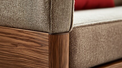 A brown couch with a tan fabric and a red pillow on it