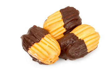 Three cakes on a white background. A few fresh eclairs close-up.