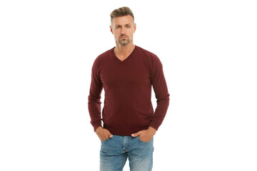 Caucasian mature man. Man in casual tshirt isolated on white. Handsome mature man with hair. Stylish male. Men casual style. Portrait of handsome guy in menswear. Stylish menswear fashion