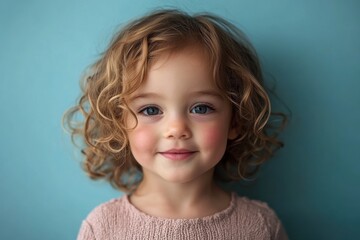 Naklejka premium A young girl with blue eyes and blonde hair smiles gently, her innocence framed by a soft blue background and turquoise background.