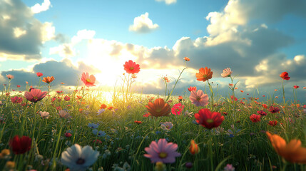 Beautiful Pink Cosmos Flowers at Sunset. A vibrant close-up view of a field of pink cosmos flowers bathed in the warm light of a sunset.