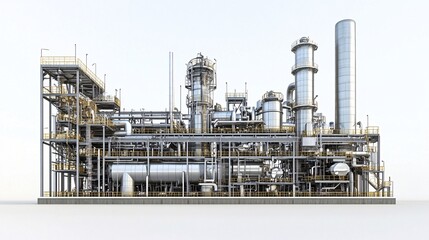 Obraz premium A large industrial refinery complex with numerous pipes, tanks, and structures, set against a white background. Generative ai
