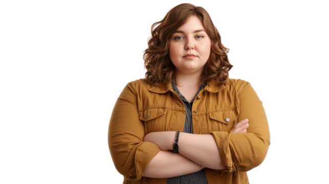 Portrait of a happy confident plump woman, beautiful smiling woman isolated on white background.