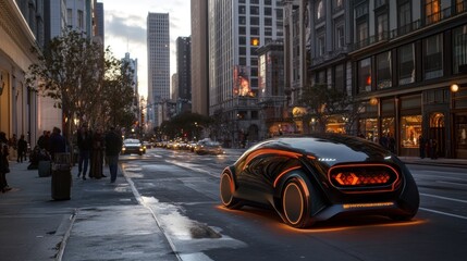 Obraz premium Futuristic autonomous vehicle on a city street at dusk