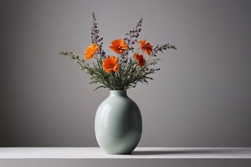 there is a vase with orange flowers in it on a table