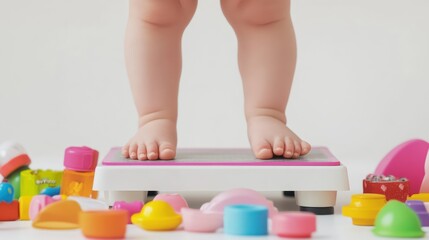 A baby stands on a scale surrounded by colorful toys, highlighting early childhood growth.
