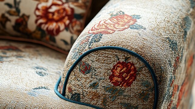 A floral patterned chair with a blue trim