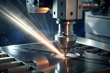 Close-up view of industrial laser cutting machine precisely cutting a metal sheet. High-tech manufacturing. precision engineering concept