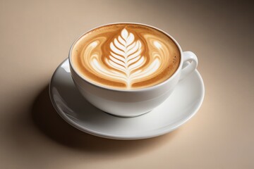 there is a cup of coffee with a leaf pattern on it