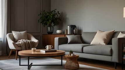 Comfortable sofa and coffee table with laptop in interior of living room.