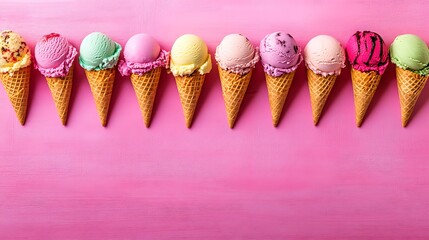 A colorful array of ice cream cones arranged on a pink background.