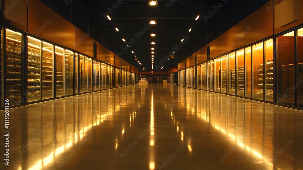 Poster a dimly lit corridor with glowing shelves on either side, reflecting light on a polished floor, crea