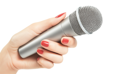  A Close-up of a woman's hand holding a microphone isolated   on Transparent PNG format Background. 