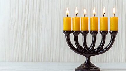 Fototapeta premium Lit Menorah with Yellow Candles Hanukkah Festive Jewish Religion Holiday Celebration Tradition